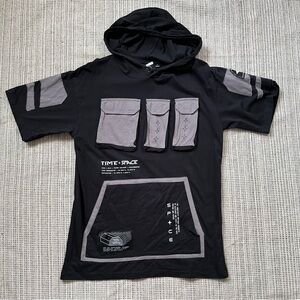 Time Space Mens Black and Gray Graphic Short Sleeve Hoodie Size Small